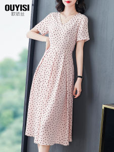 Elegant French Style Slim Fit Polka Dot Print Summer Dress for Women Euroisy Silk Chiffon mid Length A-Line Gown V-Neck Short Sleeve