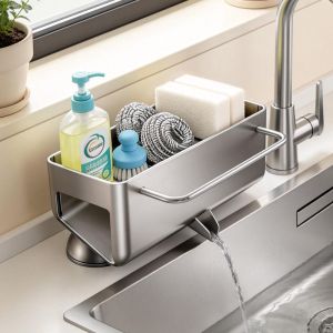 No Drill Suction Cup Kitchen Sink Caddy with Towel Bar Kitchen Sink Sponge Holder Dishcloth Drying Rack Sink Drain Basket