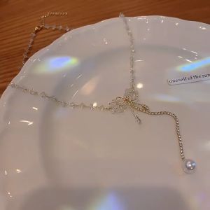 [New] KEEP IN TOUCH Titanium Steel Necklace Ladies Niche Design Bow Knot Clavicle Chain Pearl Pendant [9001]