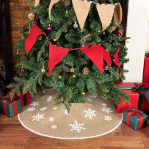 VIKAMA Christmas Tree Skirt Rustic Burlap Tree Skirt with Snowflakes Printed Christmas Tree Mat for Xmas Holiday New Year Party