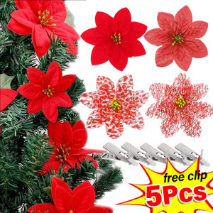 YESPERY 5Pcs New Christmas Flower with Clips Satin Glitter Red Flowers Home Party Xmas Tree DIY Decorations