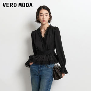 Vero Moda | Lace Trimmed V-Neck Peplum Flared Sleeve French Style Blouse