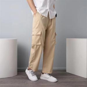 Mens Casual Loose Long Trousers Thin Summer Large Size Straight Pure Color Functional Workwear Pants Korean Trend Youth Popular