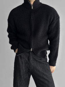 DAVID&ME | Black Stand Collar Knitted Cardigan Dual Zipper