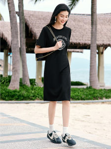 Anna Qiu American Retro Casual College Style round Neck Cotton Waist Cinched Dress Womens Summer New Fashion X Version Short Sleeve Midi Dress
