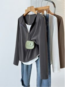 พลัสไซส์ ผู้หญิง เสื้อยืดแขนยาว ฤดูใบไม้ร่วง ฤดูหนาว พรางหุ่น เสื้อท่อนบน เสื้อเชิ้ตคลุมท้อง บล็อกสีครึ่ง ซิป ดีไซน์