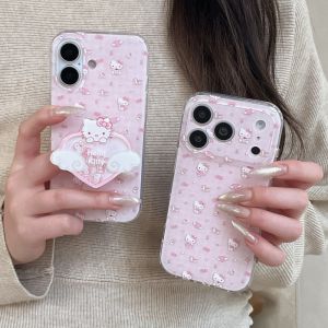 Sanrio | Pink KT Cat Wings With Bracket Phone Case for iPhone 17 Pro Max 16 Pro 15 Pro 14 Pro Max Luxury High-end Protective Back Cover