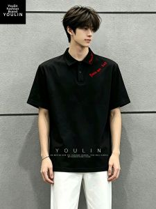 YOULIN | Black Embroidery Regular Shoulder American Street Style Clean Fit Polo Shirt Short Sleeve