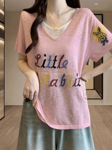 Shalldoer | Áo thun nữ tay ngắn mùa hè 2025 mới Ice Silk Knitted Basic Shirt thời trang in chữ phong cách thường ngày dài vừa phải cổ tròn