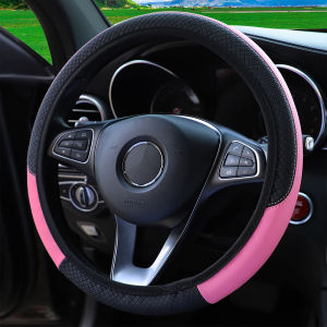 A PU leather plaid emboweled ultra-thin stretch car steering wheel cover without inner rim fits 14.5- to 15-inch car interiors