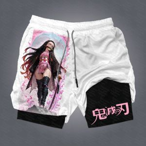 Anime Demon Slayer Fitness Double-layer Fake Two-piece Shorts 2025 Summer Men Women Loose Sports Training Running Casual Pants
