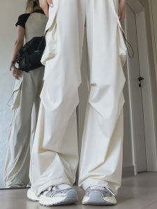 White Casual Work Pants Womens Quick Dry American Sports Trousers with Big Pockets Straight Loose Fit Summer New Arrival