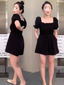 plus Size Square Collar Waist Cinched Onesie for Petite Women Summer Slimming Short Wide Leg Pants High Waist Shorts