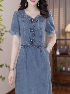 New 2026 Vintage Style Slimming Denim Dress Fashionable Waist-Cinching Midi Dress Polyester Fiber Short Sleeve Mid-Length