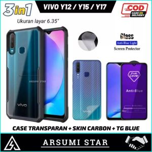 PROMO PAKET MURAH 3 IN 1  CASE VIVO Y12 / Y15 / Y17  CASING TRANSPARAN + ANTI GORES ANTI BLUE-LIGHT + SKIN CARBON 3D