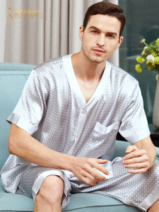 Mens Silk Home Wear Comfortable Lightweight Short Sleeve Shorts Set