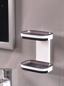 Wall Mounted Double Layer Soap Dish Drain Soap Box Punch-Free Kitchen Sponge Storage Box Shelves