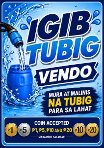 IGIB TUBIG vending machine with coin slot and digital display for water dispensing.