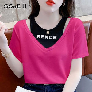 SSeE U Summer T-shirt Plus Size Patchwork Letter Printed Short Sleeve T-shirt Womens Versatile Slimming Fake Two Off Shoulder Top