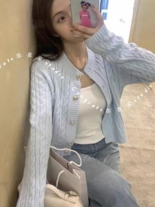 Gentle Korean Style Baby Blue Womens Knitted Short Sweater Cardigan 2024 New Twist Yarn Open Front Coat Jacket