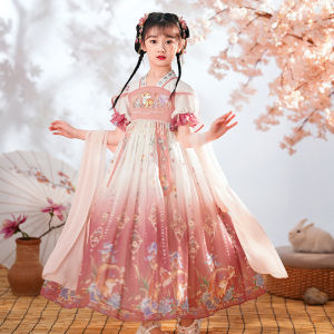 Childrens Hanfu Summer Fairy Dress Vintage Style Snowflake Chiffon Tang Suit Skirt Thin Fabric Girls Clothing Ethnic Wear
