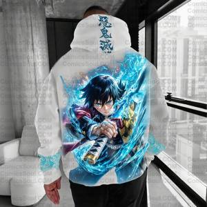Bandai | White Demon Slayer Hoodie Set with Tokito Muichiro Blue Water Breathing Back Print Wave Sleeve Pattern Kimetsu No Yaiba