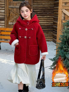 Red Thickened Woolen Coat for Girls Autumn Winter New Style Childrens Clothing Traditional New Years Outfit Trendy Kids Jacket