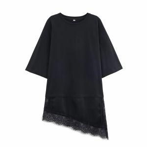 Women Trendy Lace Hem O-Neck Loose T-Shirts Women Spring Summer Fashion T-Shirts Female High Street Versatile T-Shirts