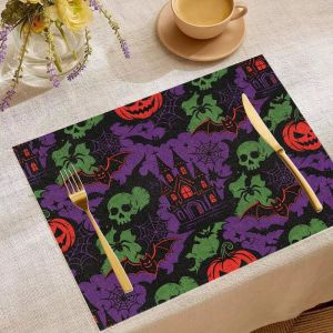 VIKAMA 2/4/6pcs Halloween Meal Mat Pumpkin Ghost Bat Wizard Hat Spider Web Dining Table Mat Dining Table Decoration