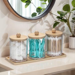 10 Oz Cotton Swab/Ball/Pad Holder with Vanity Tray Clear Bathroom Containers Dispenser Storage Organizers Qtip Apothecary Jar