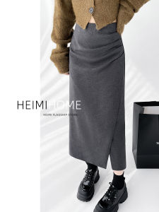Gray Thickened Woolen A-Line Skirt High Waist Asymmetrical Slit Midi Skirt for Women Commute Style Winter Season