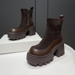 European Station Super High Heel Short Boots Female 2023 Winter New Arrival Authentic Leather British Style Fleece-lined Stylish Height Increasing Platform Martin Boots