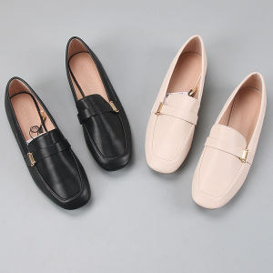 Square Toe Flat British Style Loafers Foreign Trade Large Size Shoes Flat Heel Solid Belt Decoration Small Leather Shoes Casual Womens Shoes
