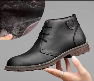 Laoks Genuine Leather Short Boots Men Casual Mid-Calf Boots British Retro Motorcycle Boots Warm Boots