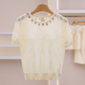 Breathable Pure Color Round Neck Short Sleeve Knitwear Summer Womens