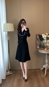 Đầm nữ dài tay cổ V viền bèo cúc ngực Đầm dự tiệc thắt eo dáng xoè TS348