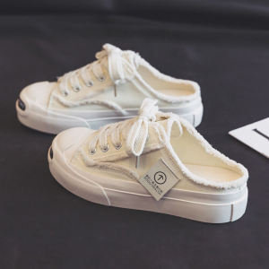 Summer Open Smile Slip-On Canvas Shoes Womens Low-Top Cross-Tie Color Block Casual Rubber Bottom Youth Footwear