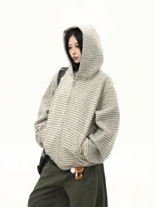 Wild American Retro Striped Zipper Open Cardigan Hoodie Womens Early Autumn New Loose Match All Couples Trend Streetwear