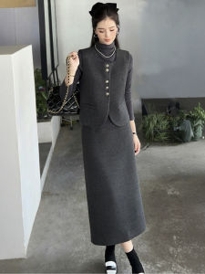 Elegant Autumnal Woolen Vest Set Three-Piece Womens Fashionable Outfit Complete Skirt Ensemble Stylish Business Casual Wear