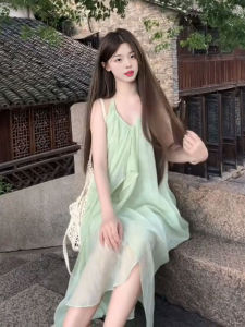 Beach Vacation Style V-Neck Halter Dress Elegant Fairy Long Skirt Summer Season Midi Dress Gauze Pure Color No Waistline