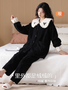 Womens Coral Fleece Padded Thickened Sleepwear Autumn Winter Home Clothes Long Pants Button Decoration Sleep Suit Youth Style