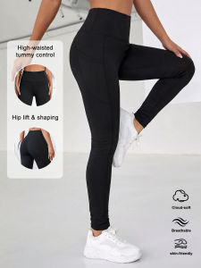 Womens Black High Waist Yoga Leggings Stretchy Workout Pants Tummy Control Athletic Leggings for Fitness Gym Street Style
