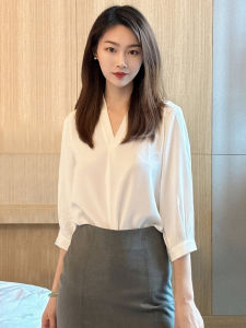 เสื้อเชิ้ตผู้หญิงแขนสั้นสีขาว ชุดสัมภาษณ์งาน ชุดทำงาน เสื้อเชิ้ตผ้าชีฟอง ทรงเข้ารูป เสื้อเชิ้ตผู้หญิง ฤดูใบไม้ผลิ ฤดูร้อน ฤดูใบไม้ร่วง