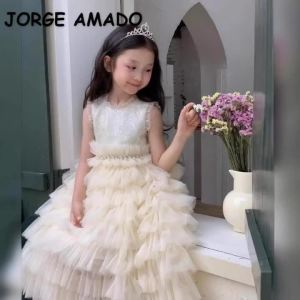 New Summer Kids Girls Party Dress Puff Sleeve V Neck Tulle Tutu Dresses Wedding Flower Girl Princess Formal Clothes E70032-3
