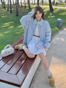 Blue Korean Style Fresh Lace Splicing Short Jacket Womens Spring New Loose Casual Jacke Casual Loose Womens Short Coat