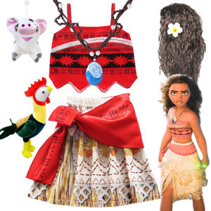 Little Girls 2Pcs Set Moana Dress Kids Cosplay Girls Princess Vaiana Dress Children Birthday Party Costume With Necklace Outfits