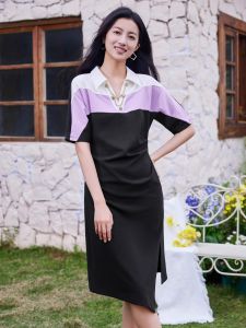 WANGGONGZHU | Princess Style Knitted Dress Polo Collar Long Split Design Color Block A-Line Skirt Polyester Fiber Short Sleeve Summer Dress