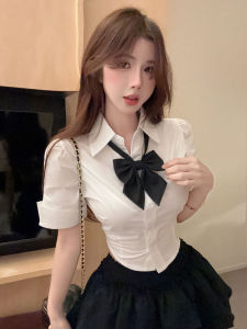 GUZILIAN | Korean Style Commute Short Sleeve Shirt And Half Skirt Set Womens High Waist Slim Fit Puffy Cake Skirt Ensemble Casual Wear