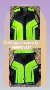 Dakkisport security riders vest with neon green reflective panels and adjustable straps.