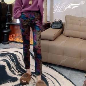 Colorful Gold-Vermeil Printed Slim Fit Ankle Pants Womens Fashion Personality High Waist Nine Points Pants Spring Autumn